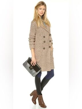 Free People Beige Chunky Knit Double-Breasted Long Sweater Coat